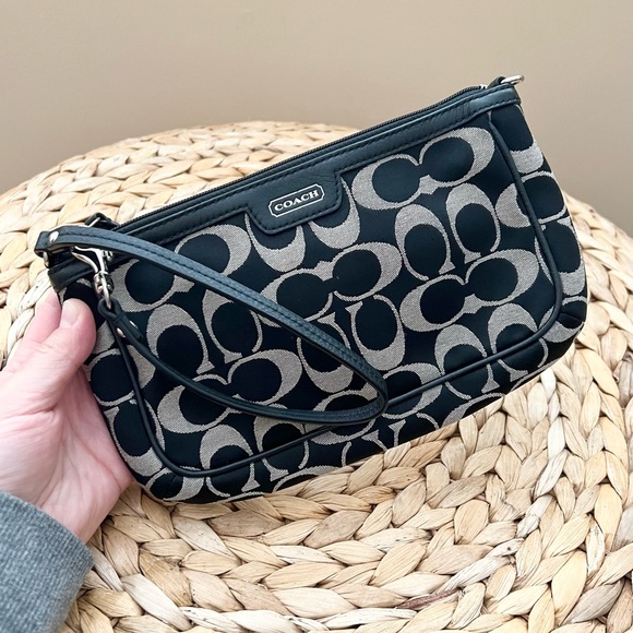 Coach Handbags - COACH canvas monogram wristlet with genuine leather trim